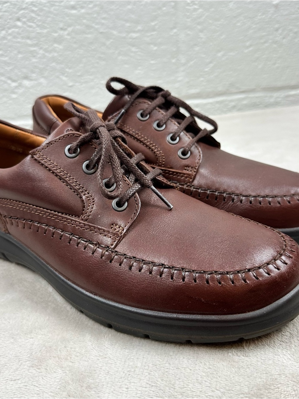 ECCO Men’s 44 Brown Leather Moc Toe Comfort Walking Shoes Lace Up